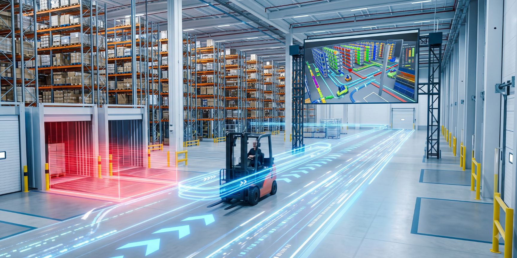 Modern logistics hall with holographic material flow visualizations and digital twin simulation on a monitor. Optimization of warehouse logistics.